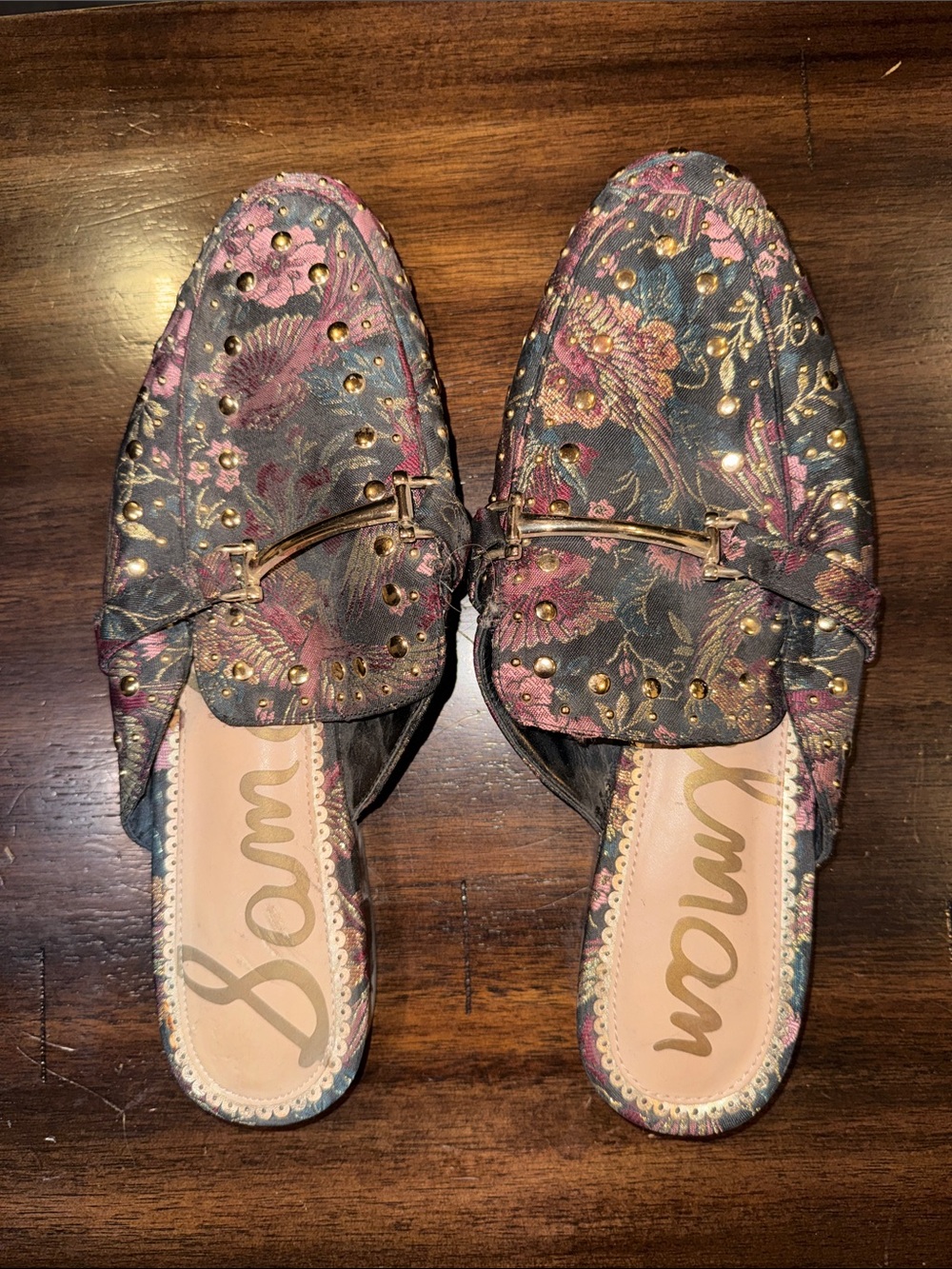 Sam Edelman Floral Studded Backless Mules in Pink and Black